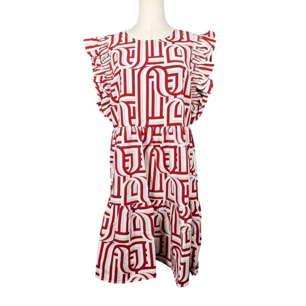 Michelle McDowell Everly Dress Touchdown Maroon White Geometric Ruffle Medium